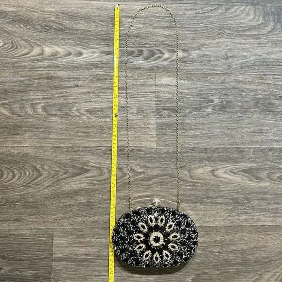 NEW Ramla Bejeweled Crystal Evening Bag Black Gold Chain Strap Top Handle Prom - Picture 7 of 11